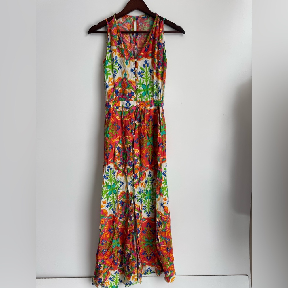Farm Rio Floral Maxi Dress Sleeveless Multicolor Tropical Print buttons small PP